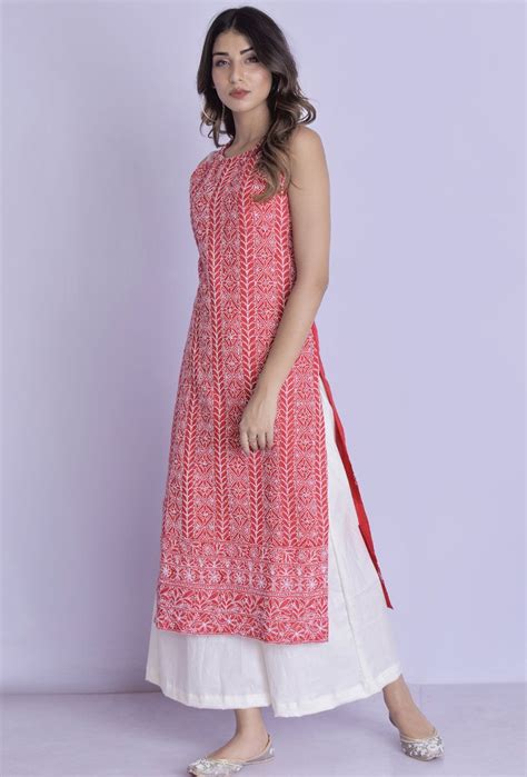 Red Halter Neck Chikankari Kurta Palazzo | Long kurti designs, Kurta ...