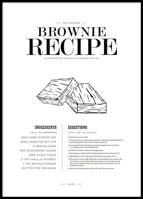 Poster with recipe for brownies, kitchen art