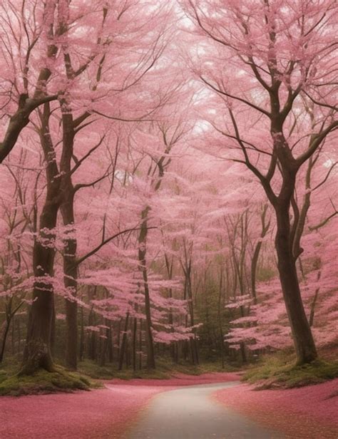 Premium Photo | A forest with pink trees and a road that has a pink cherry blossom