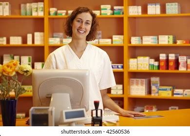 Happy Pharmacist Standing Behind Counter Pharmacy Stock Photo 42560536 ...