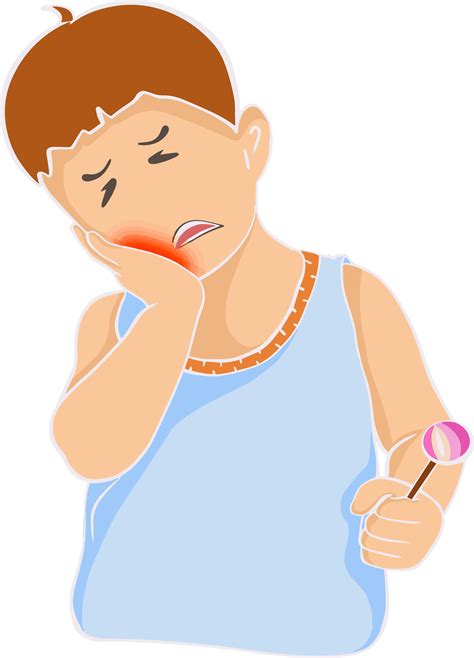 Toothache. Tooth decay. Cartoon drawing of boy eating candy. feel the pain, put your hands on ...