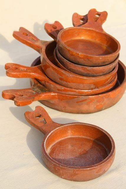 vintage Mexican pottery pots, rustic terracotta clay pans in nesting ...