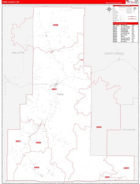 Park County, MT Zip Code Wall Map Red Line Style by MarketMAPS - MapSales