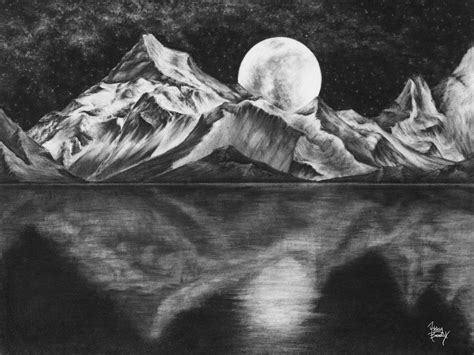 Moonlight hand drawn charcoal design of mountains at night by # ...