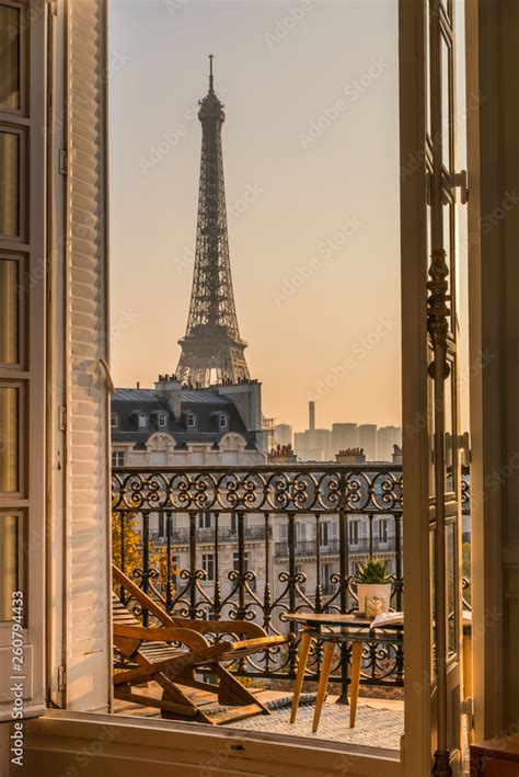 beautiful paris balcony at sunset with eiffel tower view Stock Photo | Adobe Stock