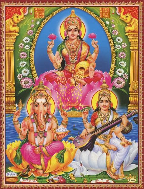 Lakshmi Ganesh & Sarasvati Lakshmi Dispensing Her Bounty; With Sarasvati & Ganesh. Vintage-style ...