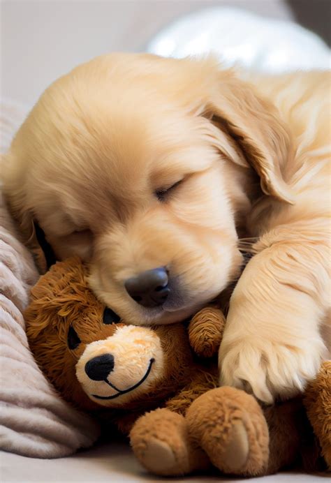 Cute Puppy Sleeping With Teddy Bear Golden Retriever Adorable Happy ...