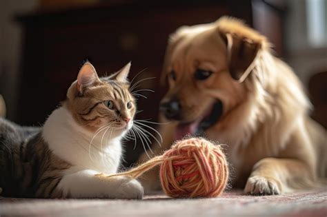 Premium AI Image | Cat and dog playing with a ball of yarn in shotblurred background created ...