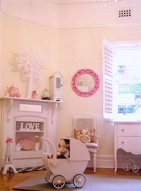 girls shabby chic french bedroom room vintage pastel pink pram shutters fireplace baby Shabby ...