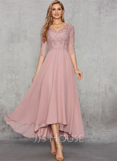 [US$ 159.00] A-Line V-neck Asymmetrical Chiffon Lace Evening Dress With ...