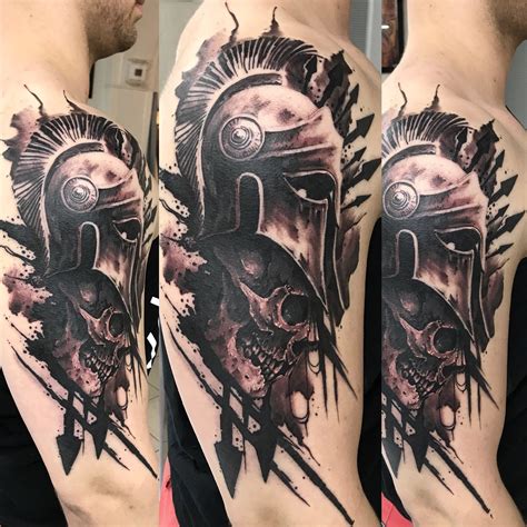 Spartan helmet tattoo black and grey skull tattoo for men | Flesh tattoo, Sleeve tattoos, Helmet ...
