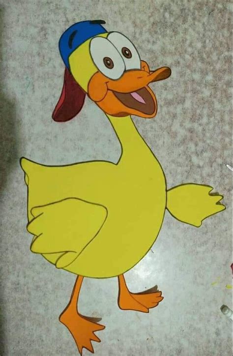 a cartoon duck with a blue hat on it's head is standing in front of a tile floor