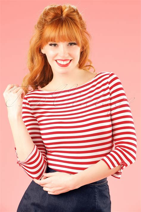 50s Modern Love Stripes Top in White and Red