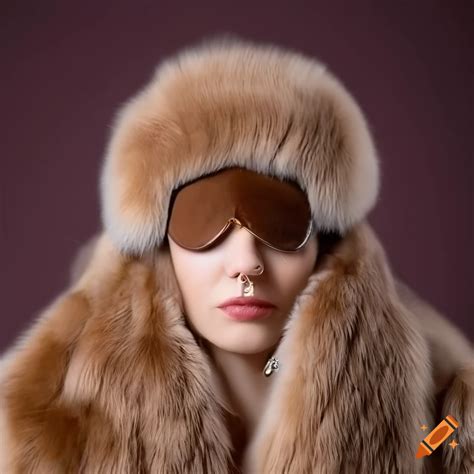 Woman in fluffy fur coat and sleep mask on Craiyon