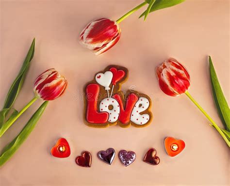 Gingerbread in the Form of the Word Love, Decorative Hearts and Tulip Flowers, Happy Valentine S ...