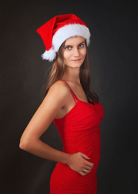 christmas, young woman, woman, santa claus, santa hat, red dress ...