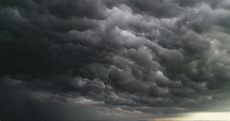 Aerial Dark Ominous Grey Storm Clouds. Dramatic Sky. Lighting In Dark Stormy Clouds, Stock Footage