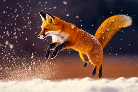 Red Fox Jumping in the Air with Snow on the Ground in Front of it. Generative AI Stock Photo ...