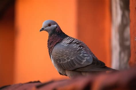 Premium AI Image | Close up of a pigeon standing on old house with orange red background