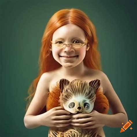 Ginger-haired tween holding adorable animals
