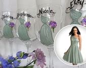 Items similar to Hand Painted Bridesmaid Wine Glasses - "EXACT Dress ...