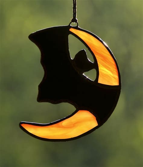 Stained glass Halloween bat with moon, Halloween suncatcher, window ...