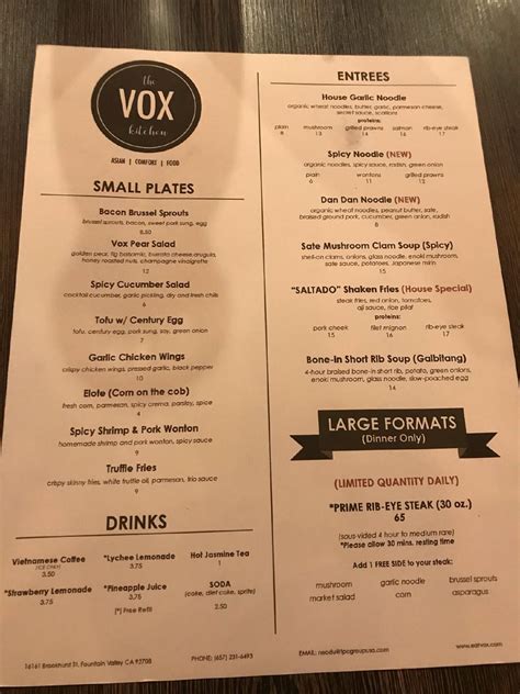 Menu at The Vox Kitchen restaurant, Fountain Valley