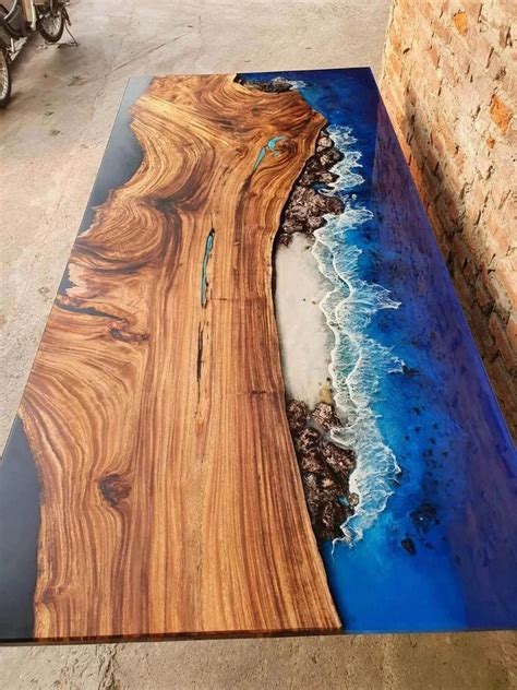 Elegant Epoxy Coffee Table Ocean Wave Blue Epoxy Table Mid Century Modern Resin River Table ...