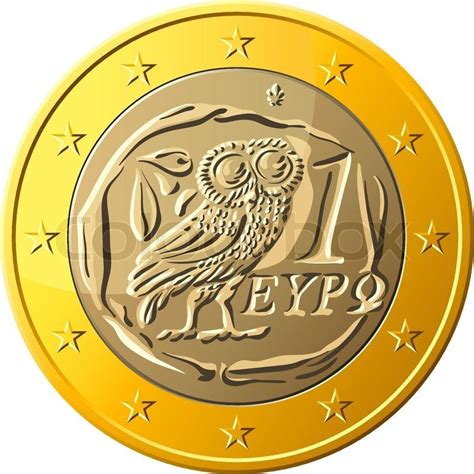 Greek money gold coin euro with the image of an owl - the emblem of Pallas Athena, a symbol of ...