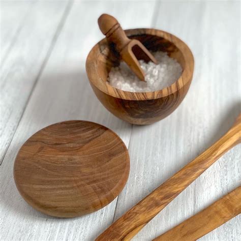 Olive Wood Lidded Salt Pot With Scoop | Naturally Med | Grant & Budds