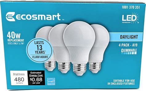 EcoSmart 40W Equivalent Daylight A19 Energy Star and Dimmable LED Light Bulb (4-Pack), LED Bulbs ...