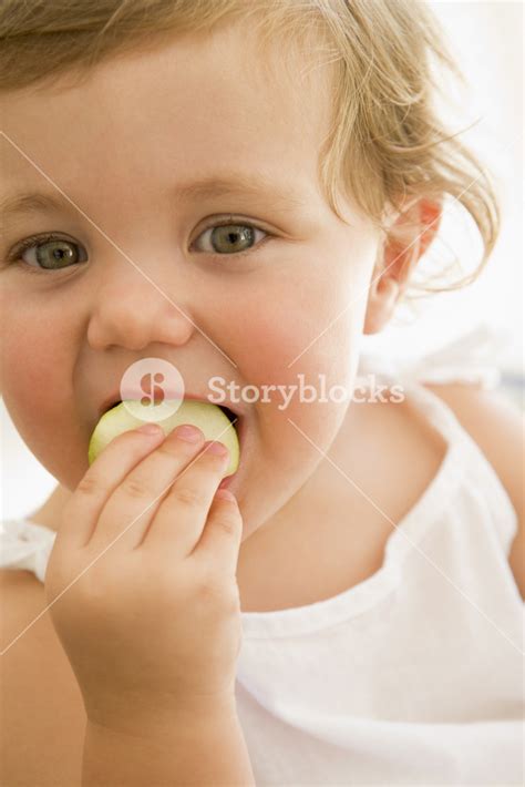 Baby indoors eating apple Royalty-Free Stock Image - Storyblocks