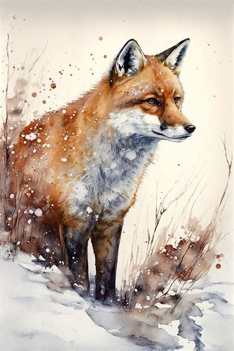 a painting of a fox in the snow