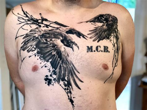 Two ravens with ink splatter by Magu from Tattoo Magu in Zeist, The ...