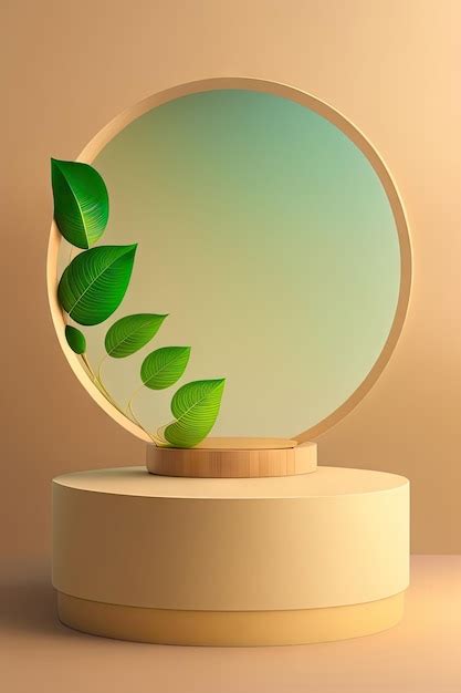 Premium AI Image | Natural round wooden stand for presentation and exhibitions on pastel beige ...