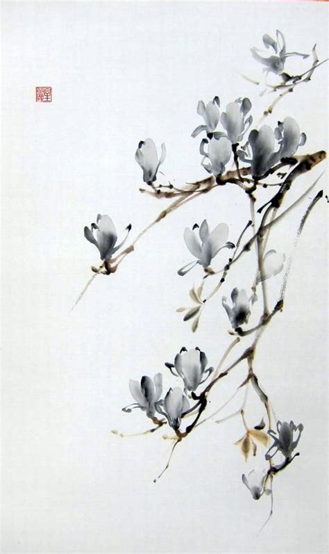 It is a magnolia tree, painted with Sumi - ink and Gansai (Japanese watercolor) on the rice ...