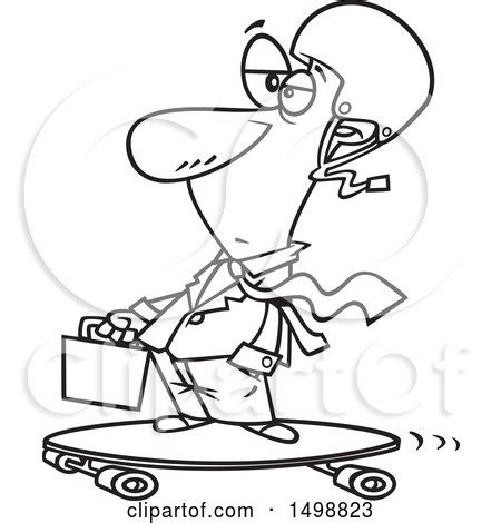 Clipart of a Cartoon Lineart Business Man on a Longboard - Royalty Free Vector Illustration by ...