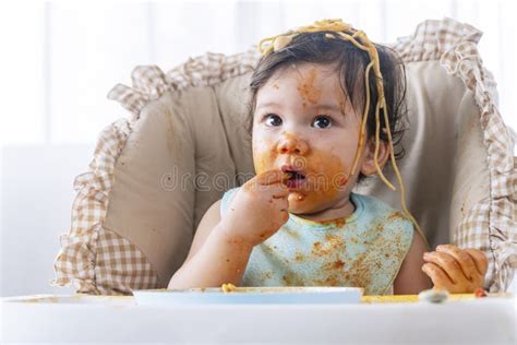 Adorable Messy Little Child Girl Hungry Use Hand Eating Spaghetti ...