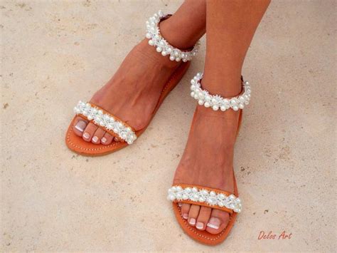 Bridal Sandals, Leather Sandals, White Beach Wedding Sandals," Shining ...