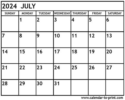 July 2024 Calendar Printable