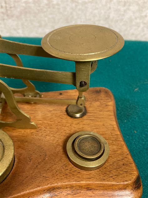 Antique Petite Brass Postal Scale with Brass Weights and Wooden Base, Apothecary