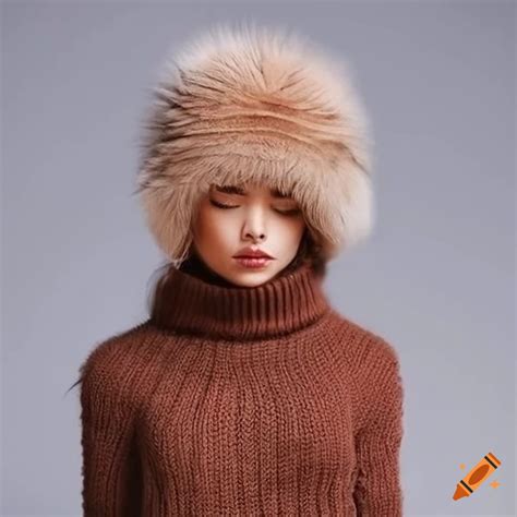Woman wearing a chunky knit turtleneck pullover and winter hat with fur pompom on Craiyon