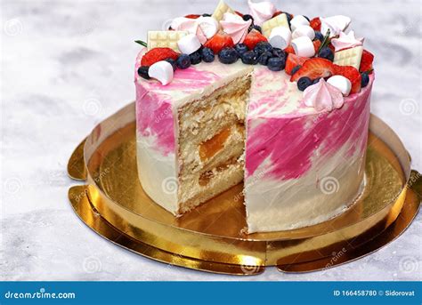 Birthday Layer Cream Cake with a Slice Cut Out Stock Photo - Image of dish, cheese: 166458780