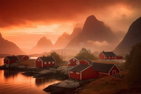 Tiny Fishing Village of the Lofoten Islands in Norway Stock Illustration - Illustration of ...