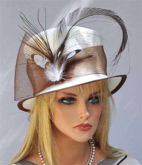 Kentucky Derby Hat, Women's Brown Hat, Ivory Cream Hat. Formal Hat, Top Hat, Feather Hat, Ascot ...