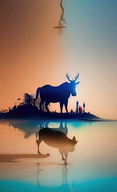 Premium Photo | A silhouette of a moose and a forest on a lake