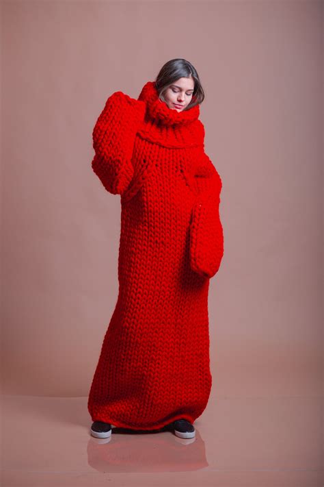 Giant Sweater Dress Red Merino Dress Maxi Women Turtleneck - Etsy