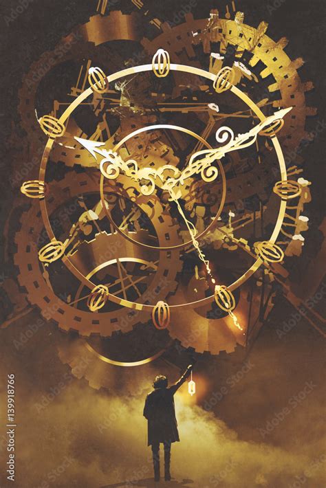 man with a lantern standing in front of the big golden clockwork ...