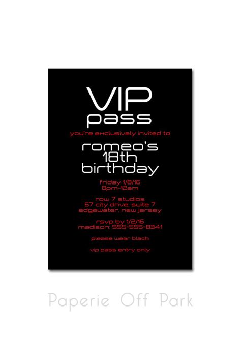 Birthday Party Invitation - VIP Pass - Black, White and Red - Printable and Personalized in 2021 ...