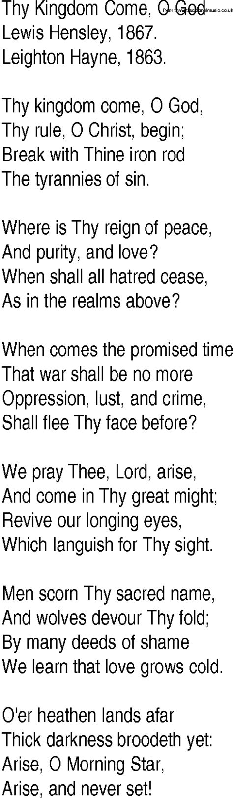 Hymn and Gospel Song Lyrics for Thy Kingdom Come, O God by Lewis Hensley